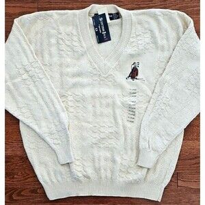 VTG Scottish Isle Golf Sweater Textured V-Neck Cream Knit 90s US Embroidered Bag